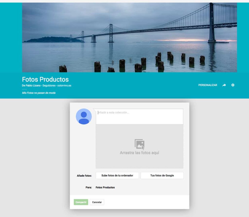 Panel de Google + al añadir foto con Collections