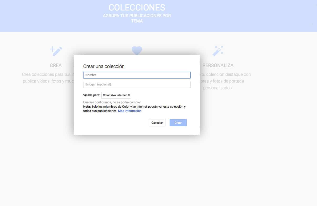 Panel de Google + al crear coleccion en Collections