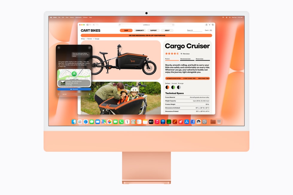 iMac naranja con Safari y una pregunta a Siri AI