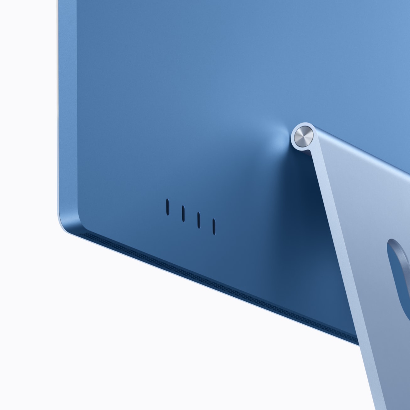 Parte trasera del iMac azul con M6 y sus cuatro puertos Thunderbolt 4