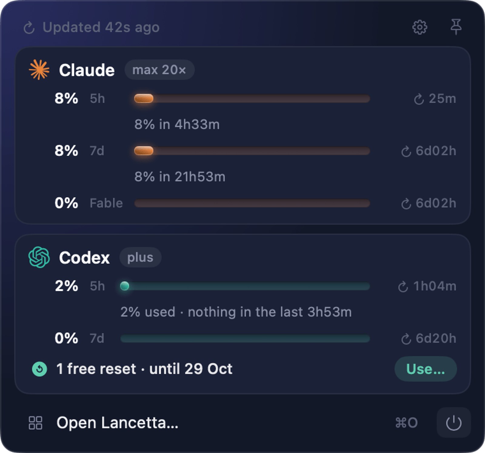 9 apps para Mac que la IA no ha conseguido sustituir 6 Panel de Lancetta con la cuota restante de Claude Code y Codex